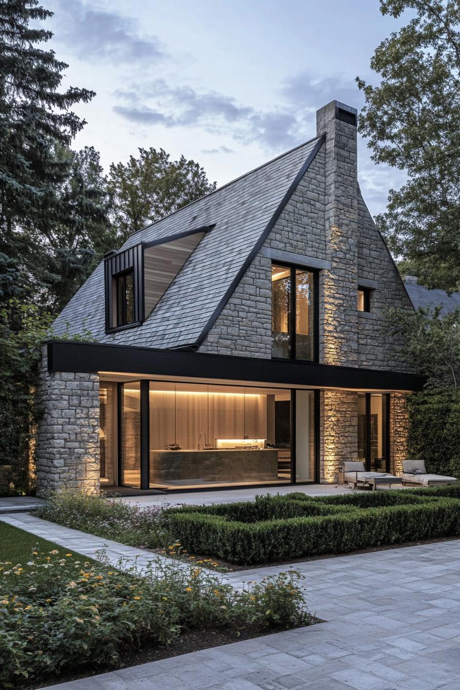 Modern stone house with large windows and lush garden