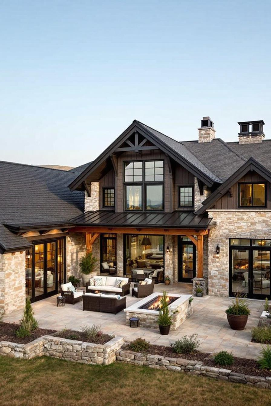 Charming ranch house with gabled roof and stone patio