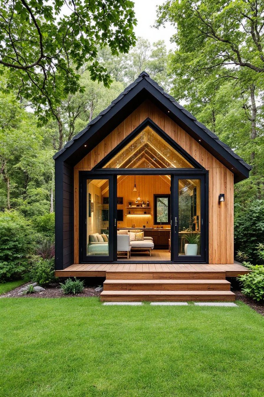 Small wooden cabin with large glass doors and lush greenery surrounding it