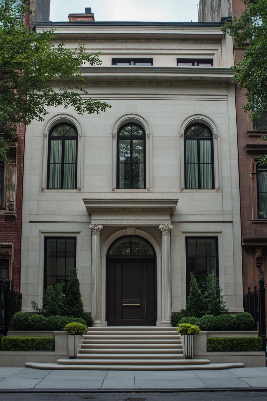 Elegant facade of a modern neoclassical house with arches