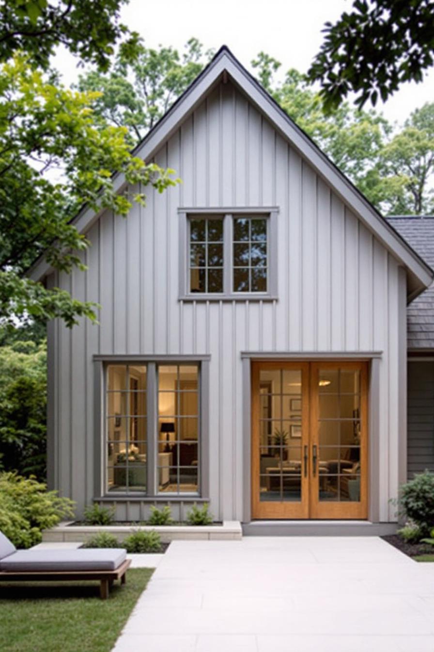 Cozy light gray gable house with wooden accents