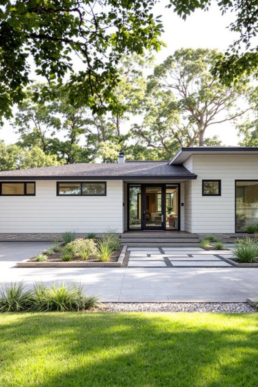 Modern ranch house with clean lines and a neatly designed front path