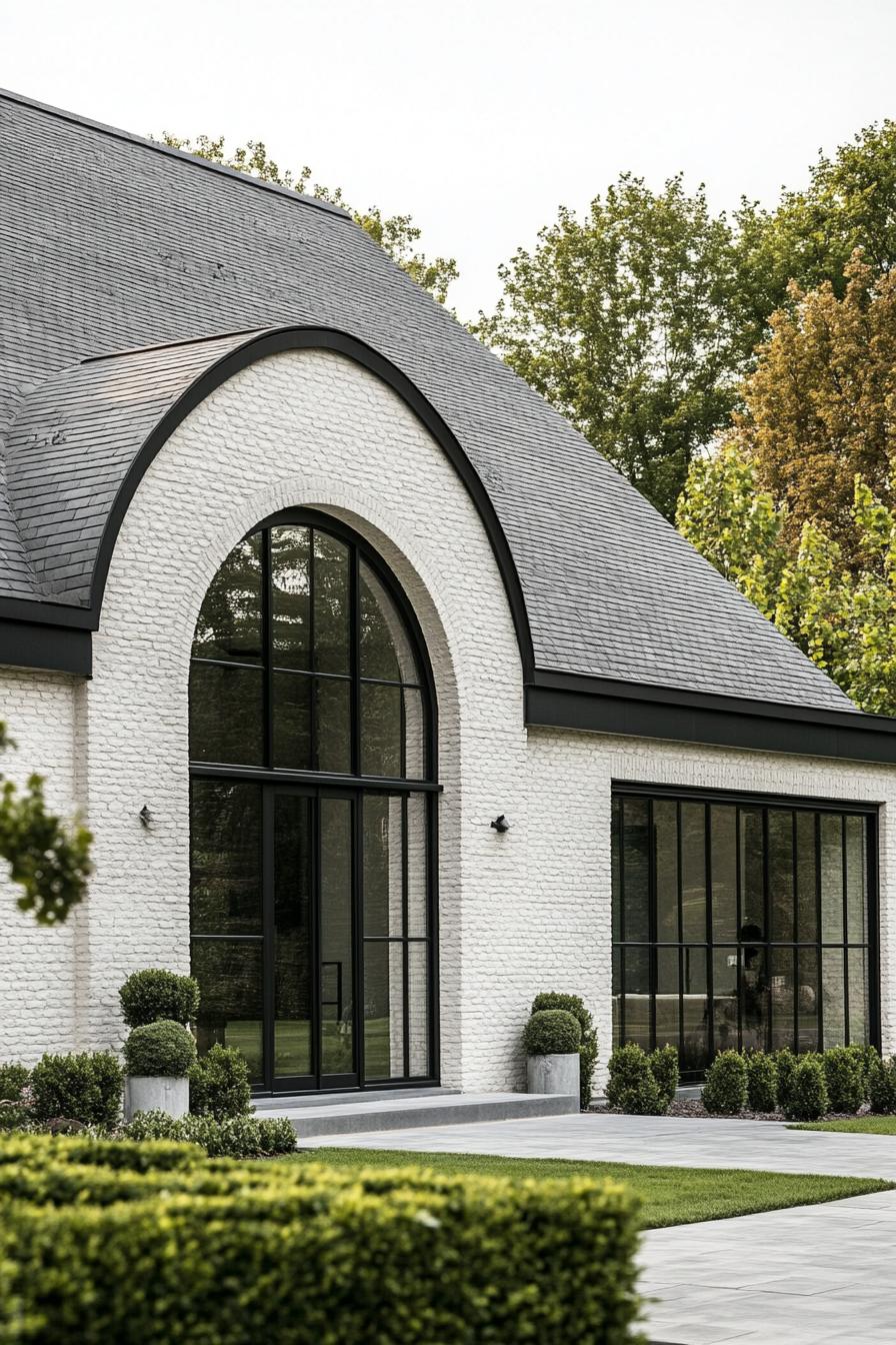 Modern white house with large arched window and sleek design