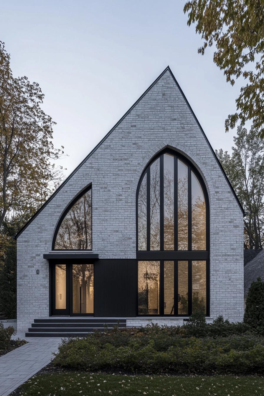 Modern house with a steep gable roof and large arched windows