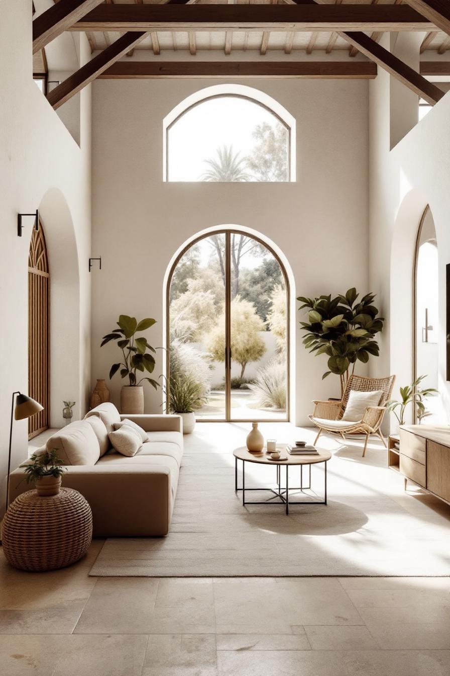 Bright room with large arched window, cozy furniture, and plants