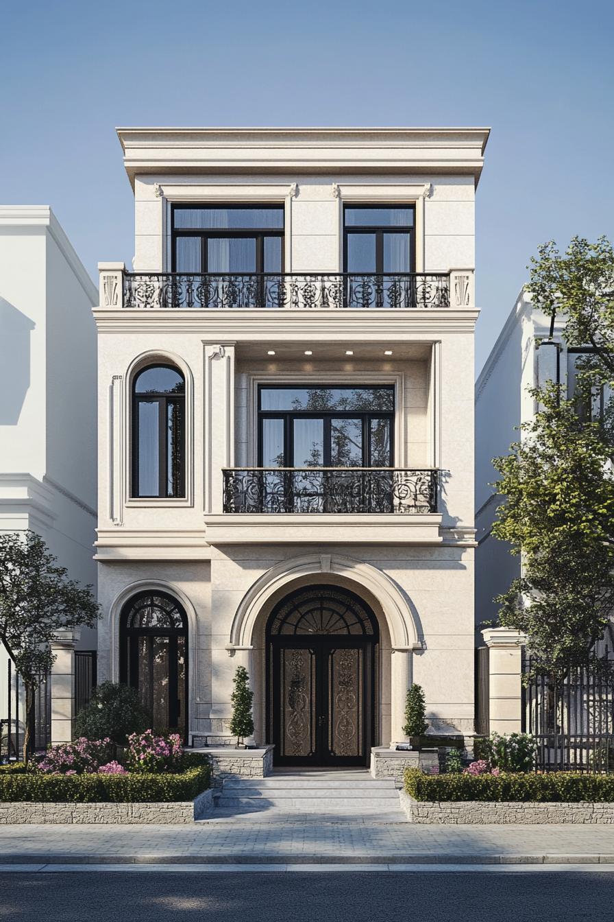 Front of a neoclassical house with ornate details and lush garden