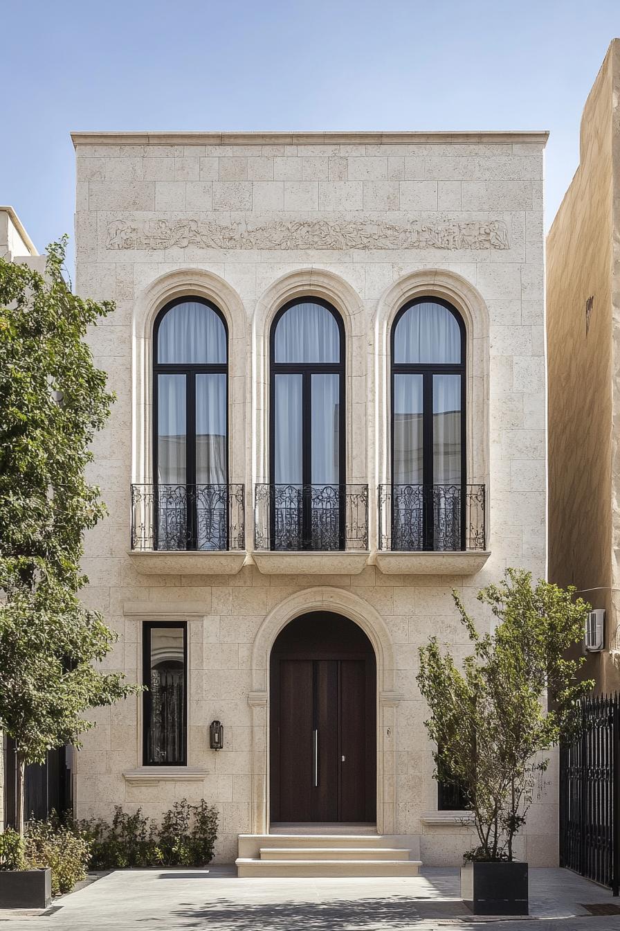 Front view of a modern neoclassical house with arched windows and a grand entrance