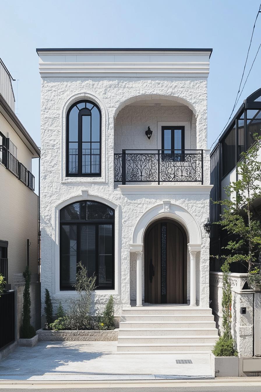 White facade of a modern neoclassical house with arched windows