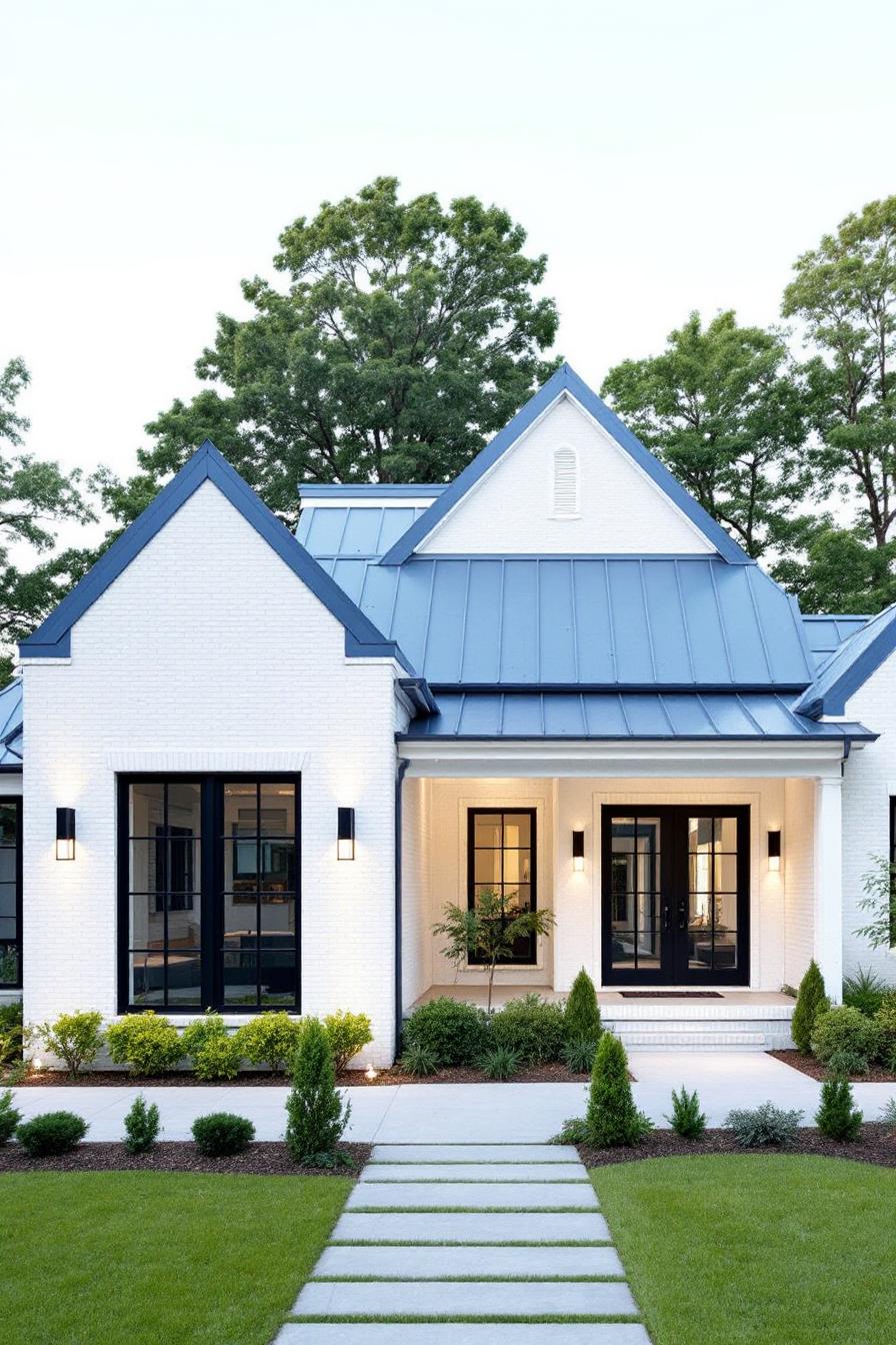 Modern ranch house with striking gabled roof and manicured lawn