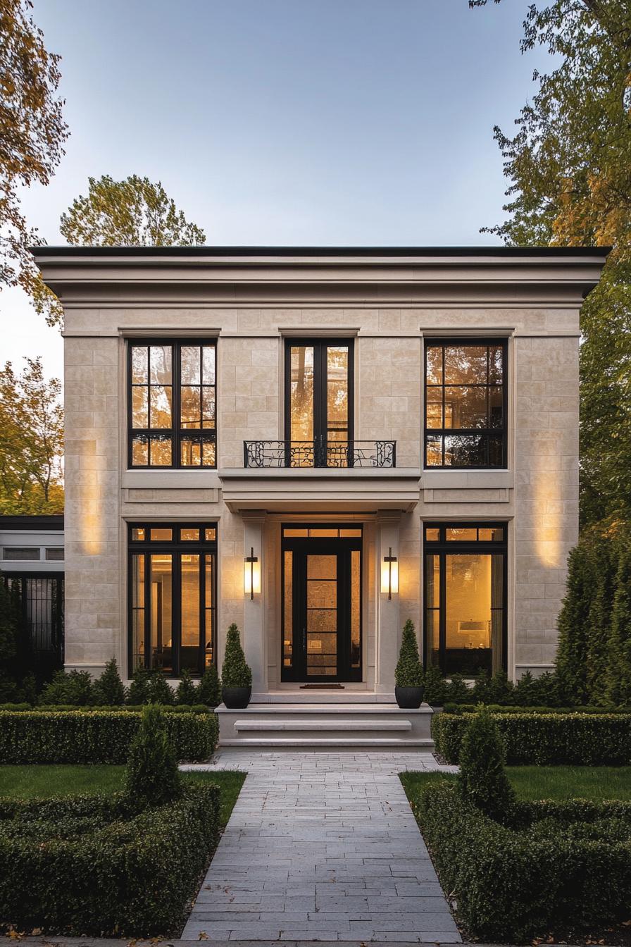 Modern house with grand stone facade and manicured hedges