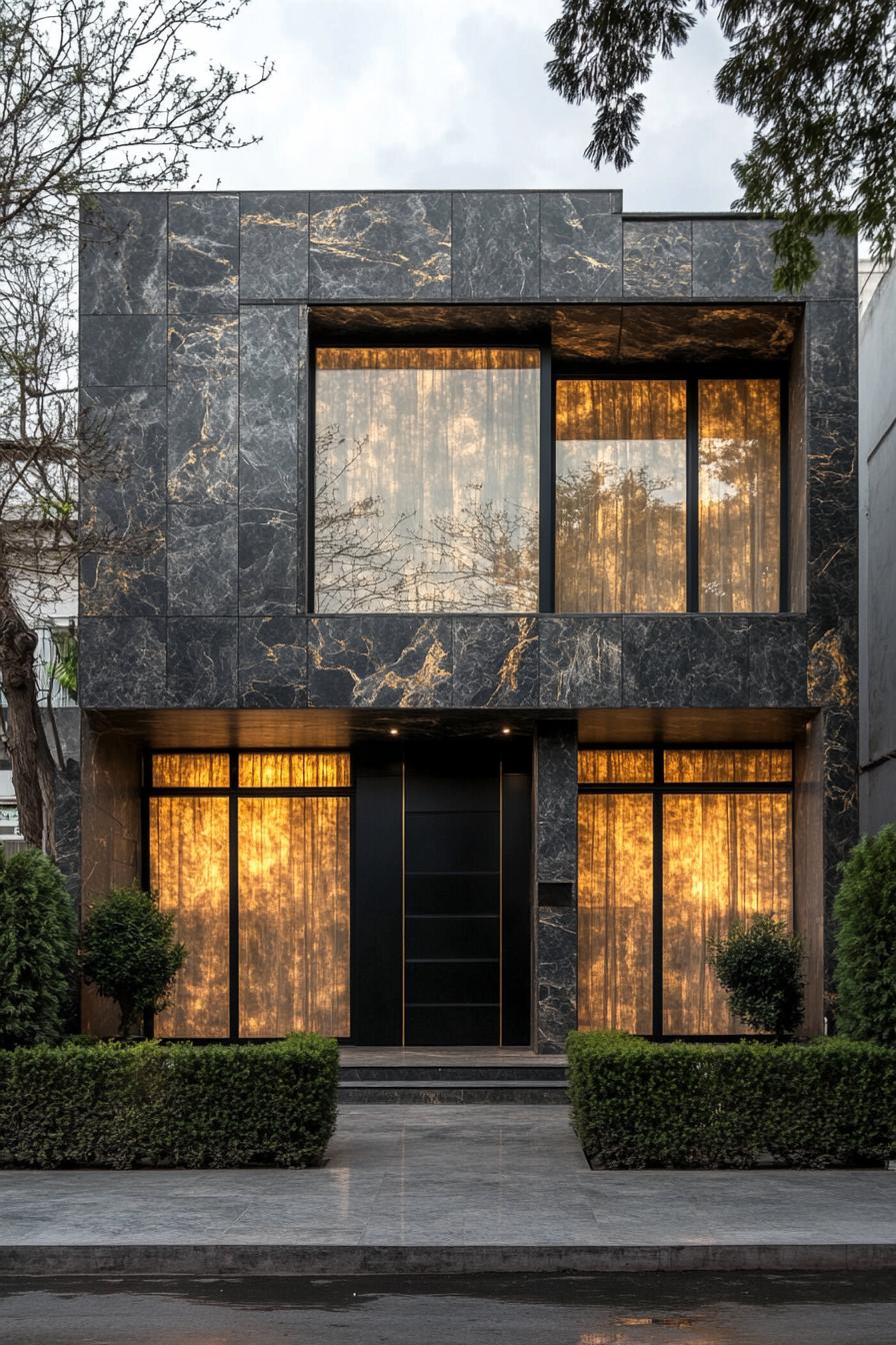 Contemporary house exterior with marble and large glowing windows