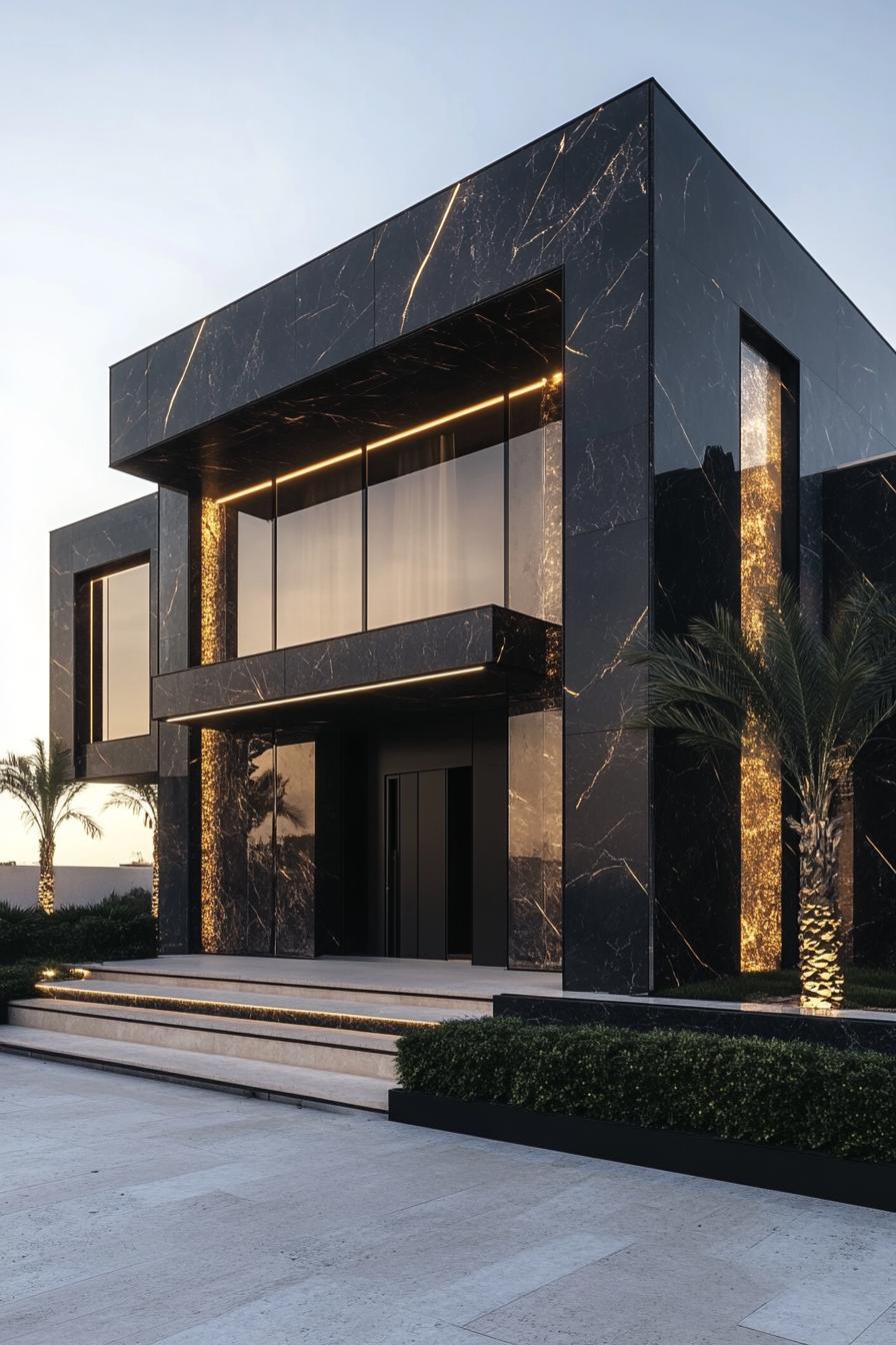 Sleek modern house with black marble facade and glowing accents