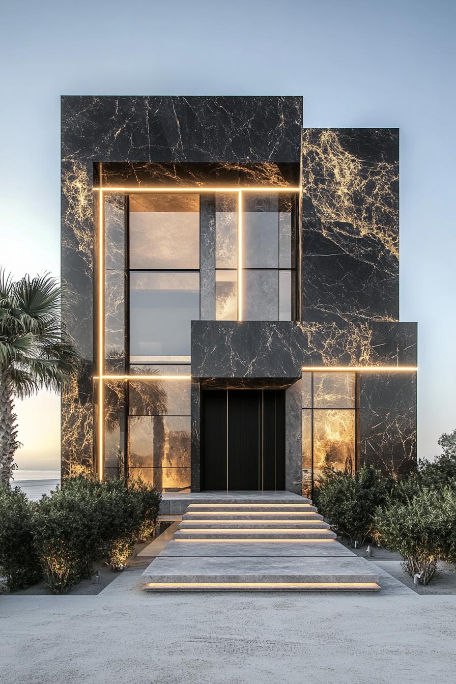 Modern home with sleek black marble exterior