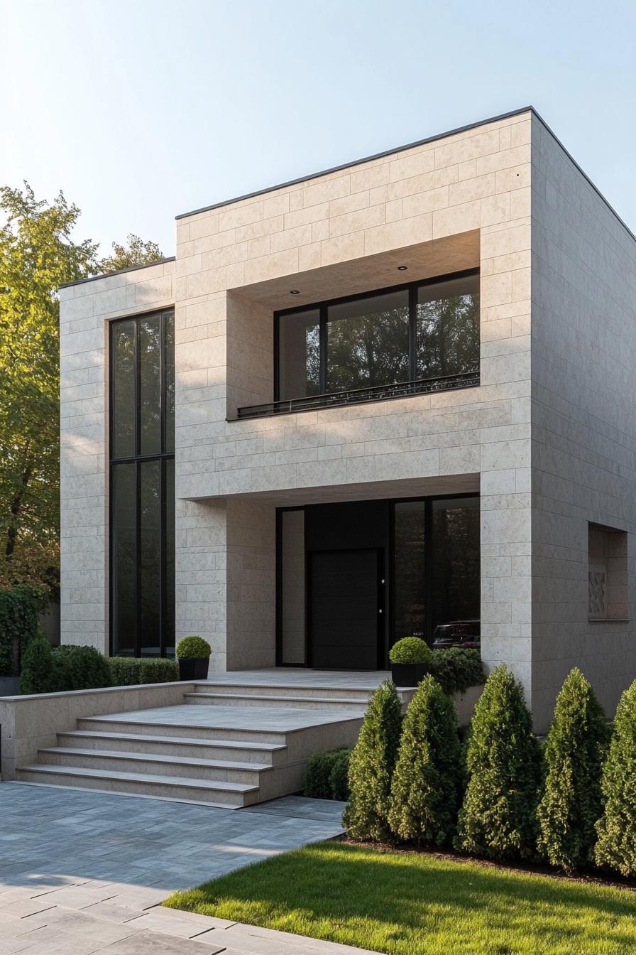 Modern stone-front house with large windows and greenery