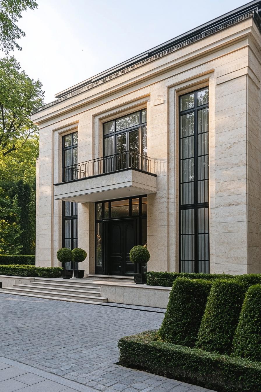 Modern stone house with large black-framed windows