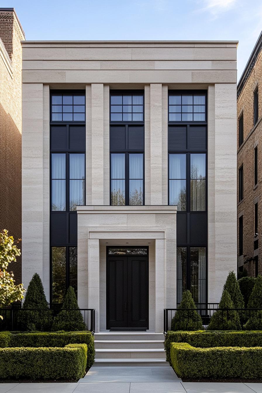 Modern beige stone house with black accents and manicured bushes