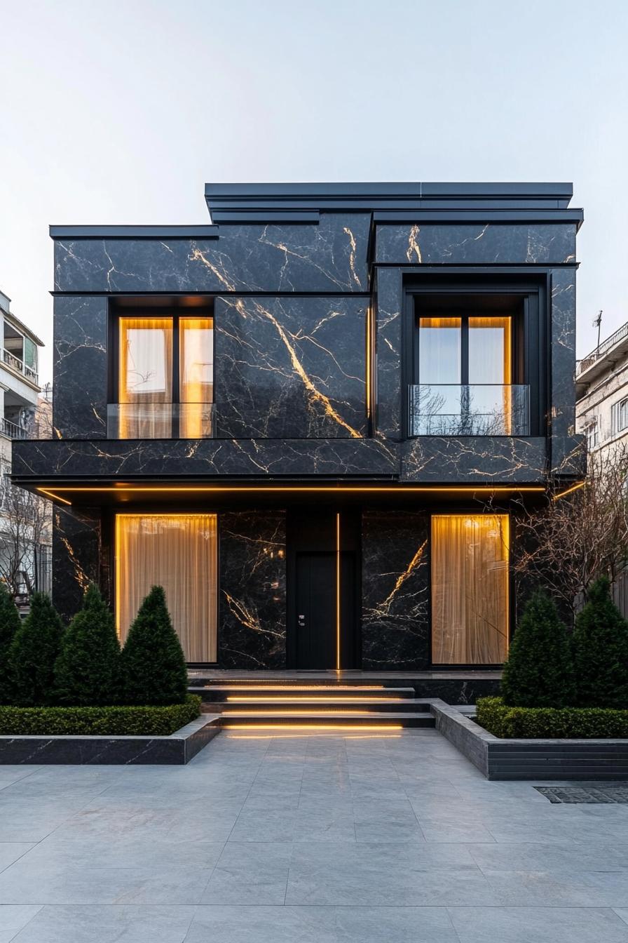 Modern black marble house with glowing windows