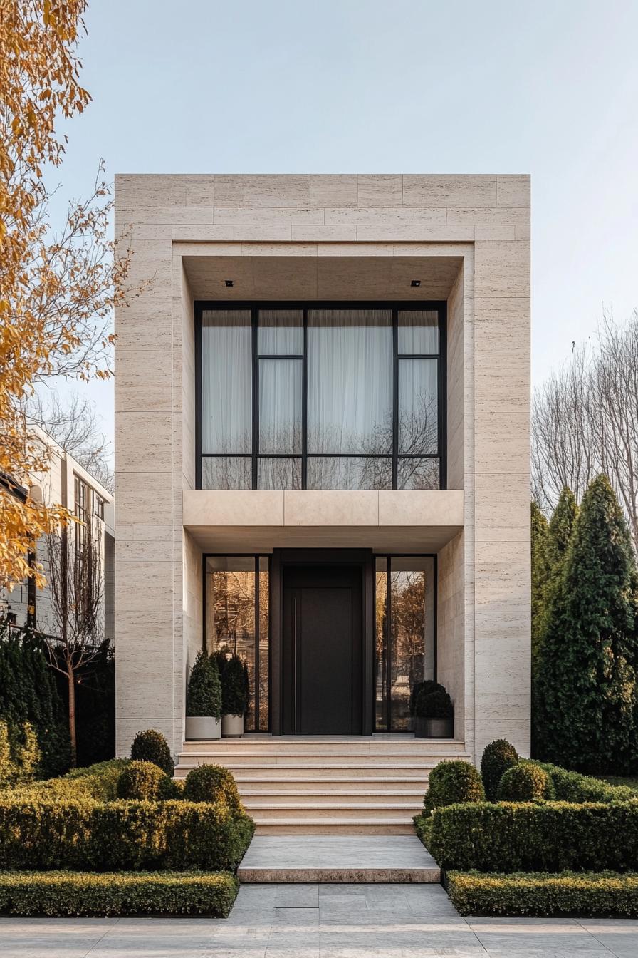 Modern house with large windows and manicured shrubs