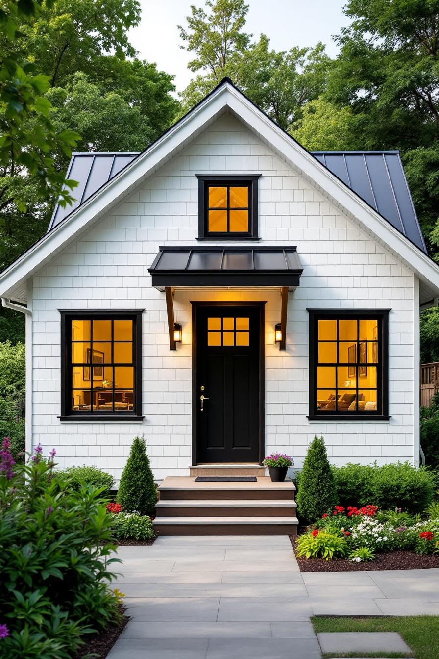 White cottage with glowing windows and a black door