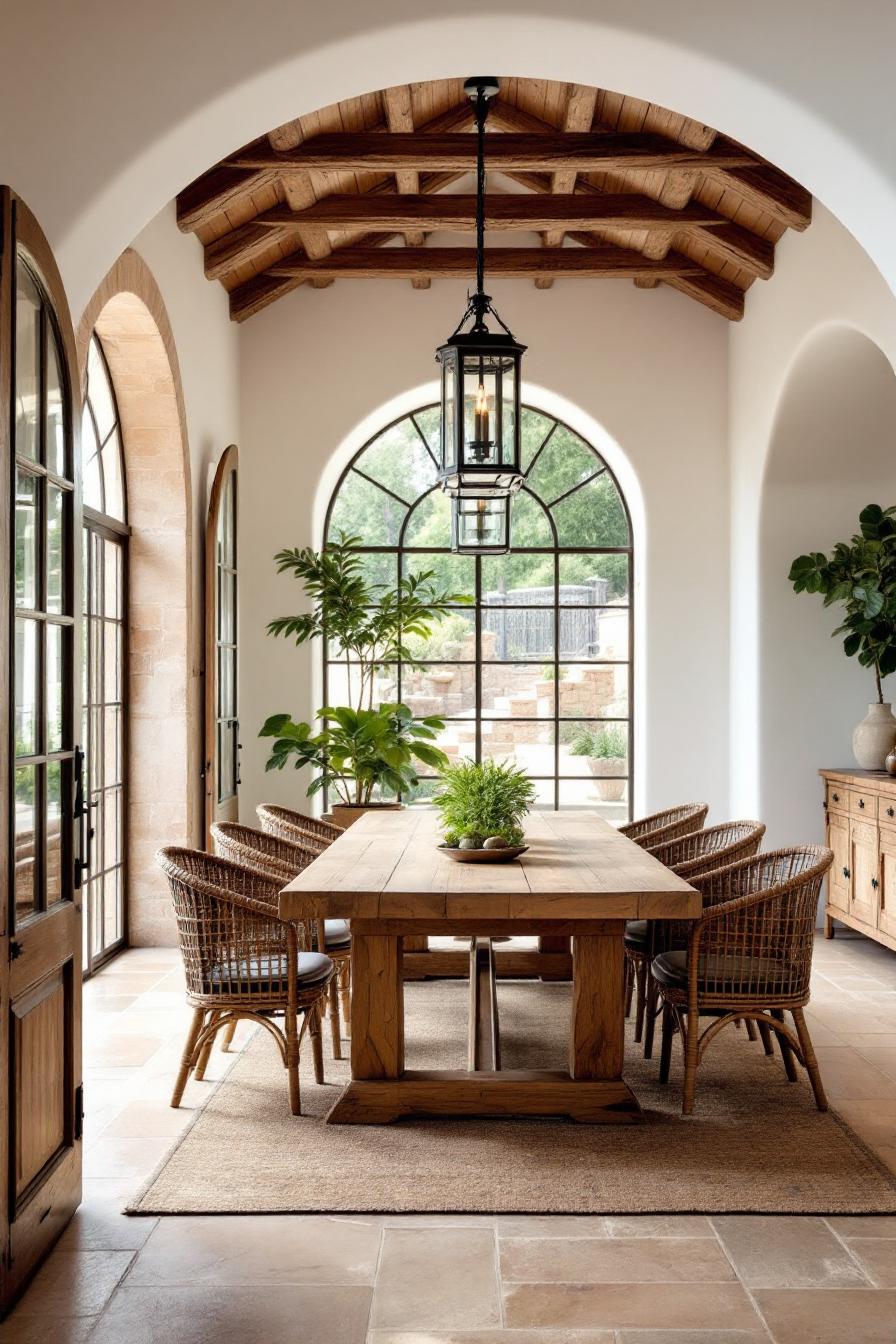 Sunlit dining room with arched windows and rustic charm