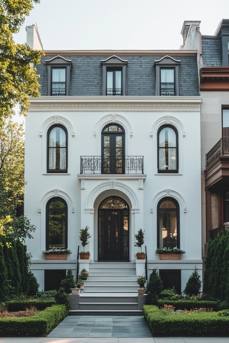 Stately three-story neoclassical house with a lush garden