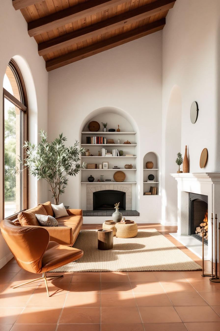 Brightly lit Spanish-style room with terra cotta tiles and wooden beams