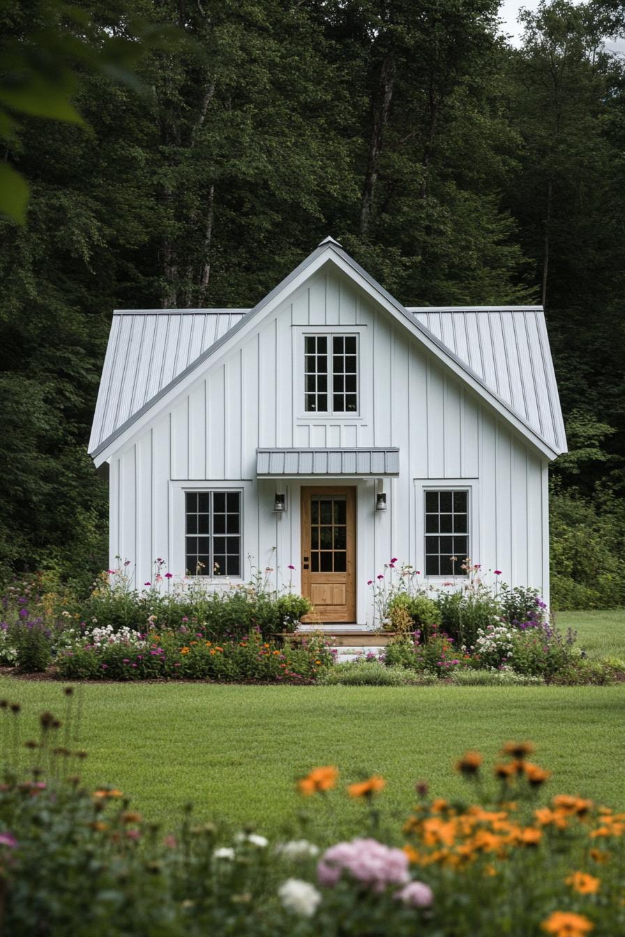 White cottage with a wooden door surrounded by lush greenery and flowers, nestled in a forest setting