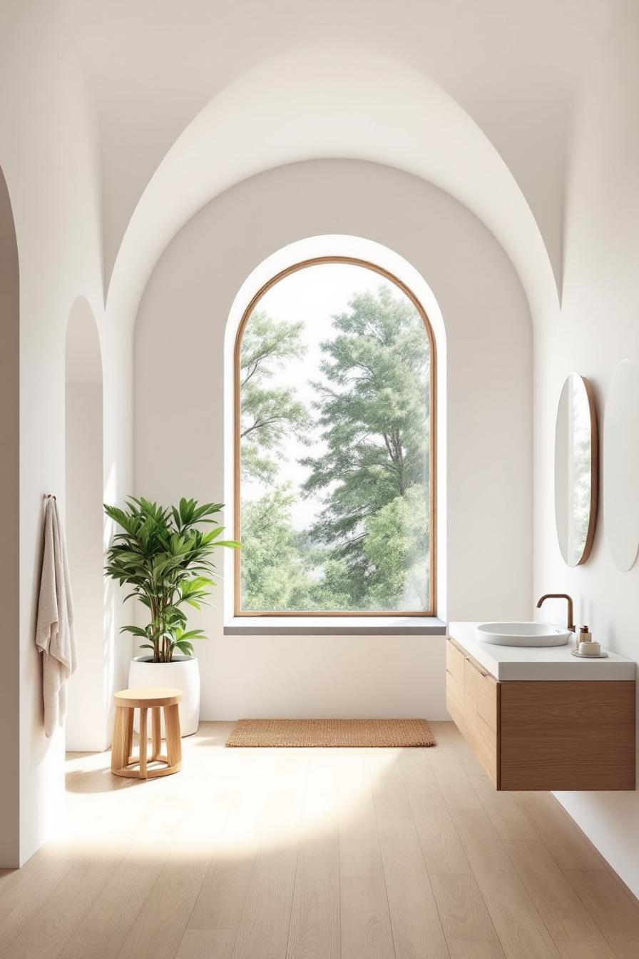 Modern bathroom with arched window and wooden accents