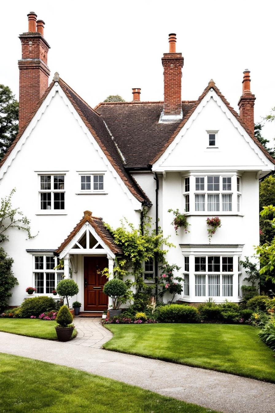 Charming white house with red chimneys amidst lush greenery