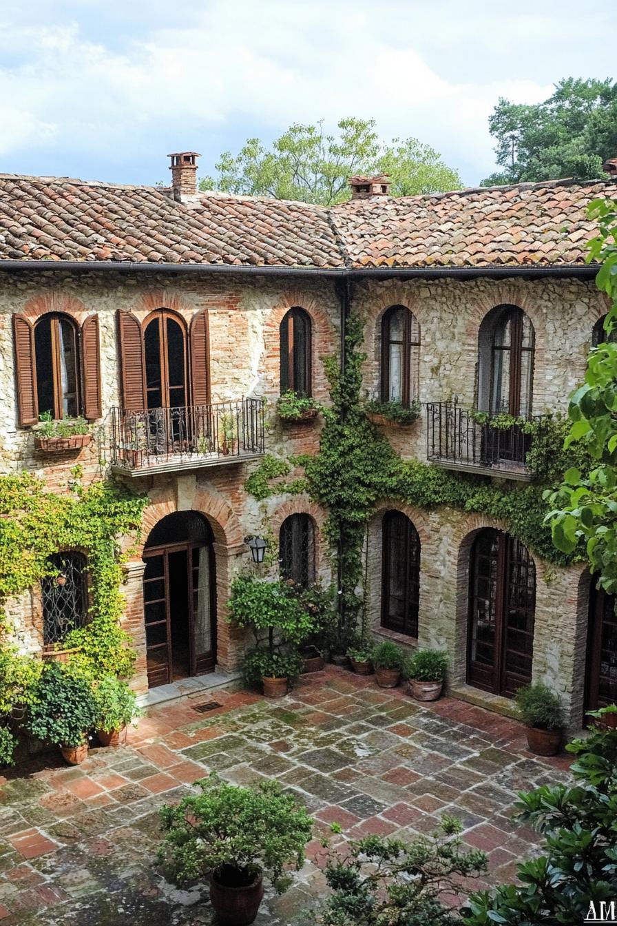 Tuscan home with arched windows and lush courtyard