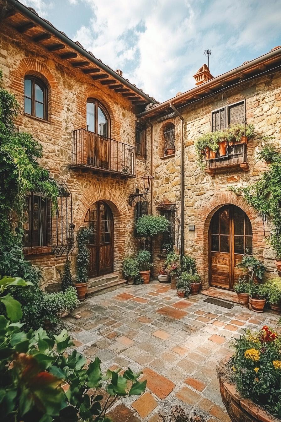 Rustic stone house with potted plants and arched doors