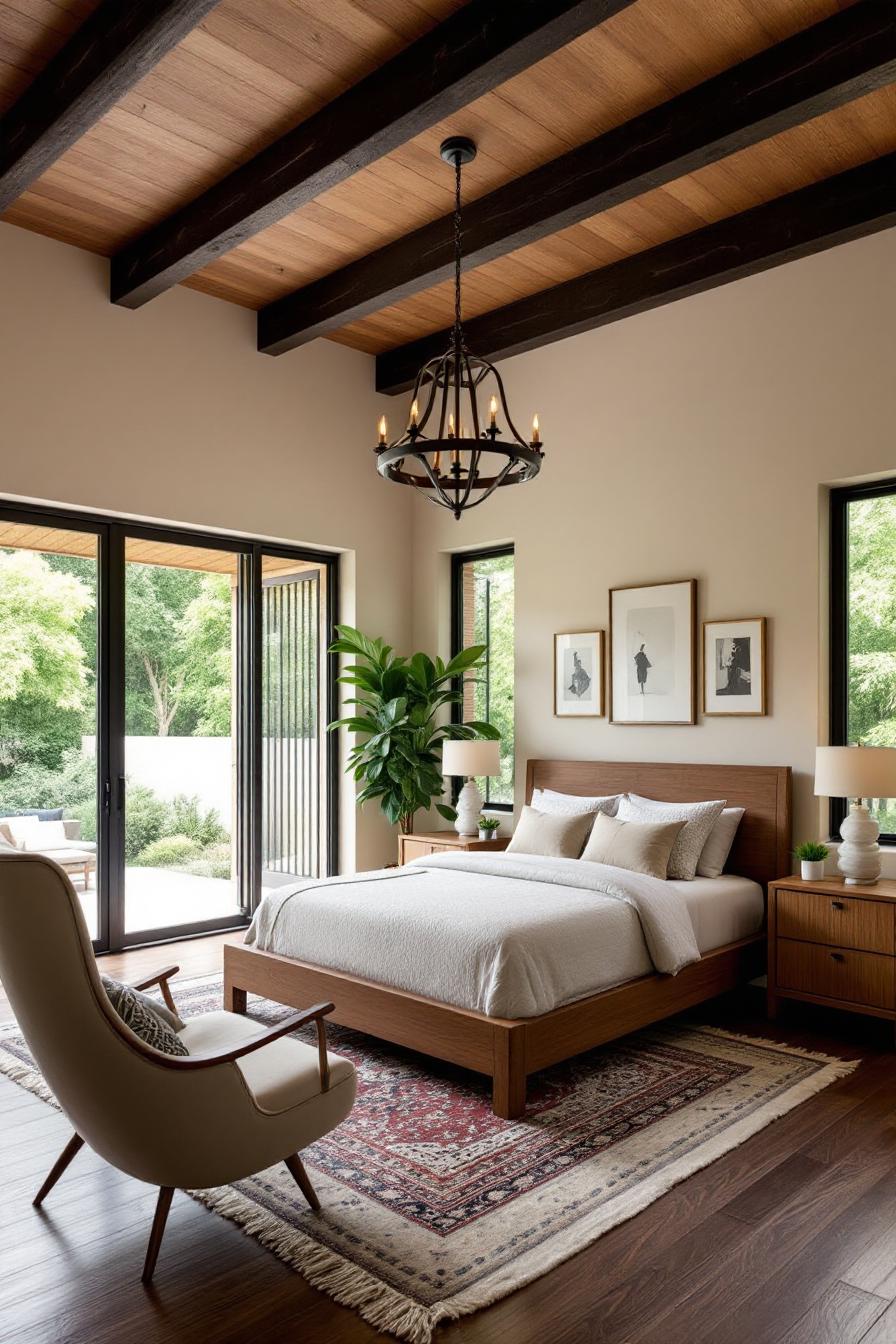 Modern bedroom with rich wood and large windows