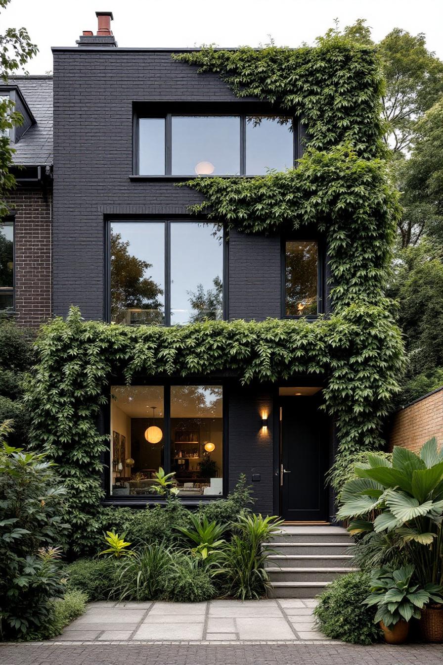 Black house with lush green vines covering the facade