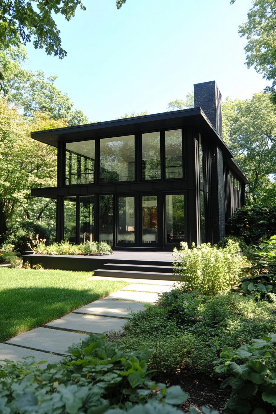 Black modern house surrounded by trees