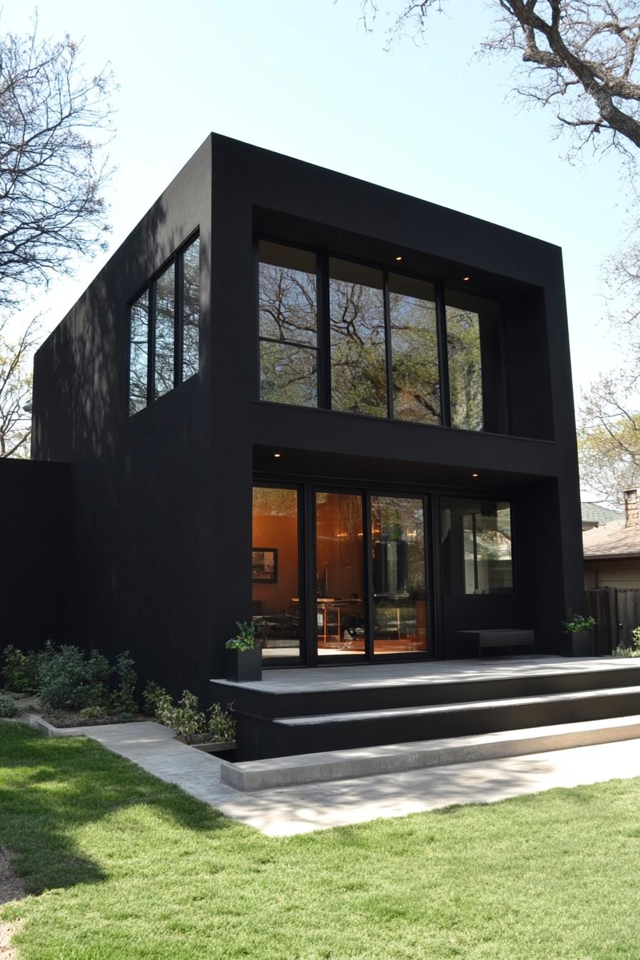 Minimalist black house with large windows and wooden deck