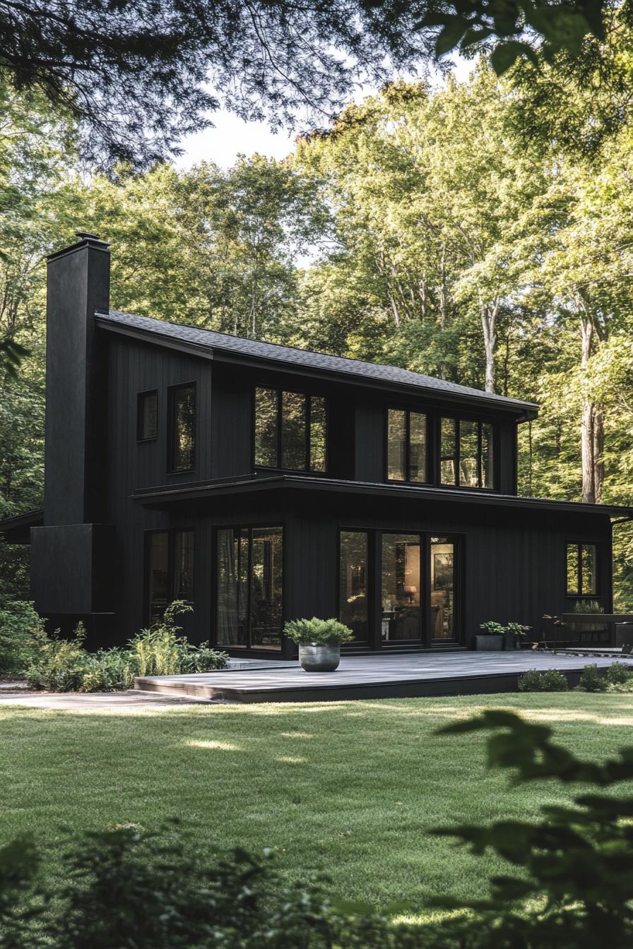 Black house surrounded by lush green trees and lawn