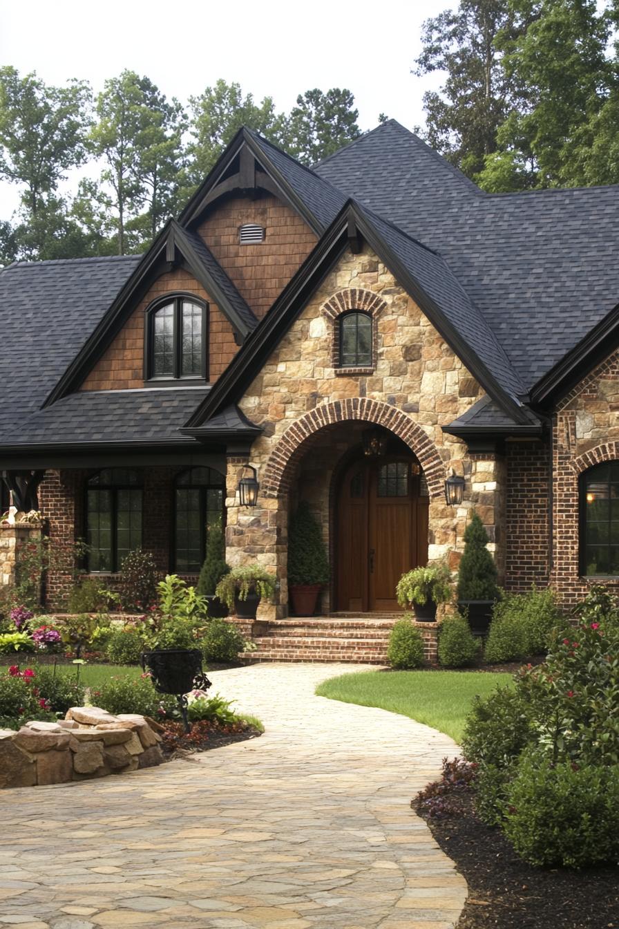 Charming stone house with a gable roof and lush landscaping