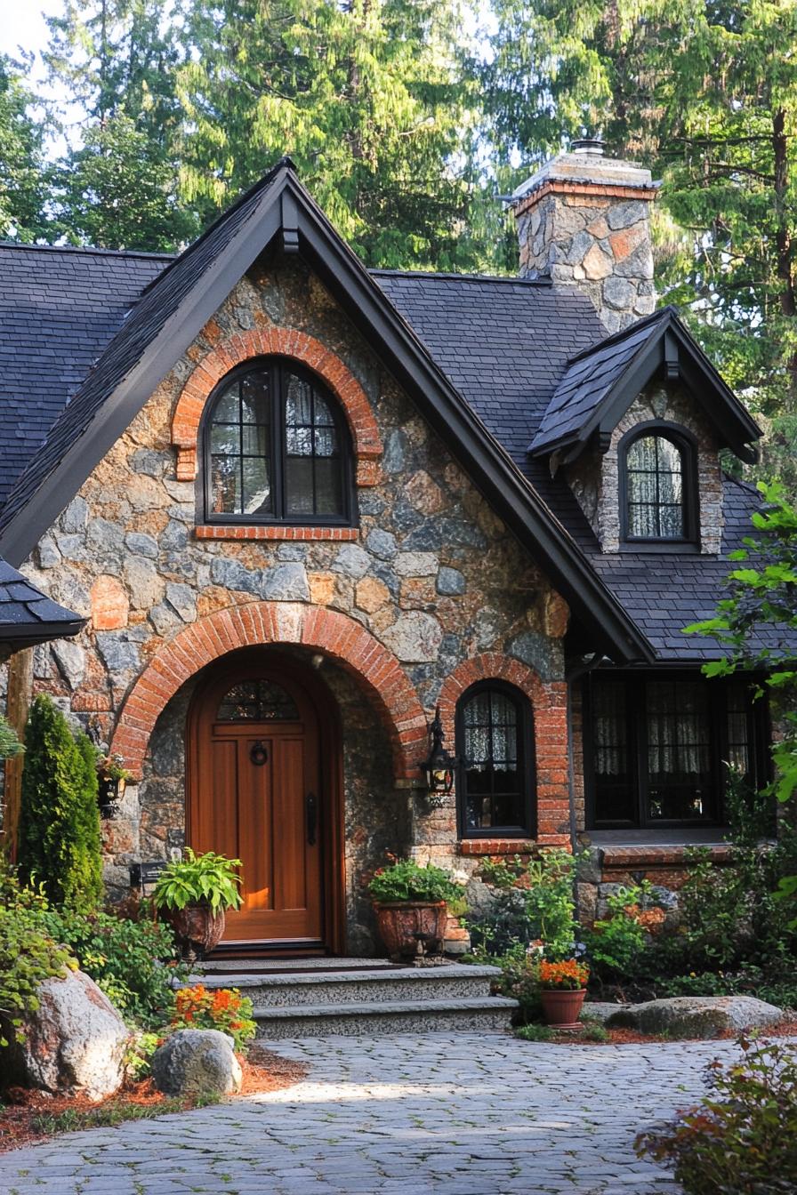 Cozy stone cottage with archways and dark shingles