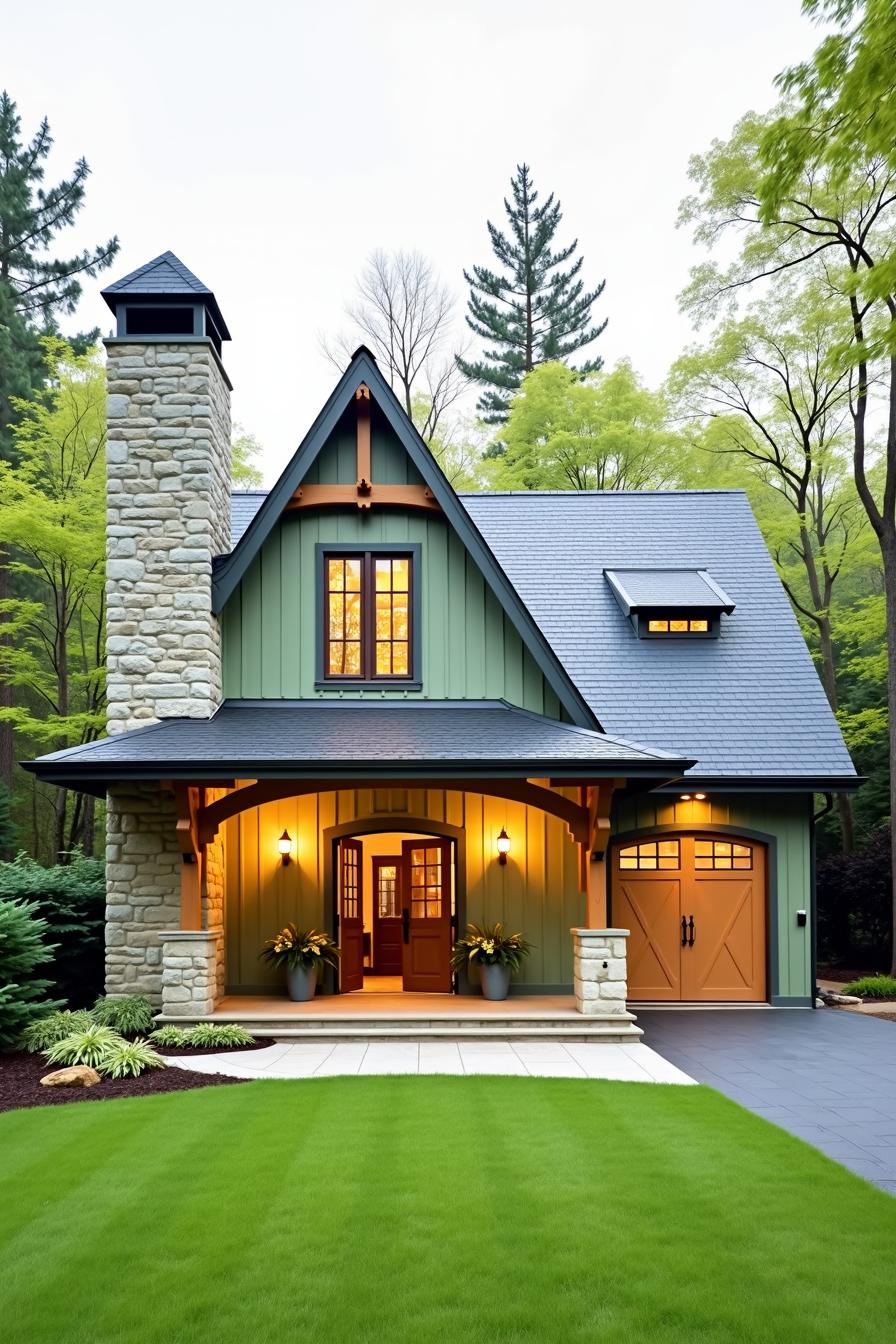 Charming green cottage with stone chimney