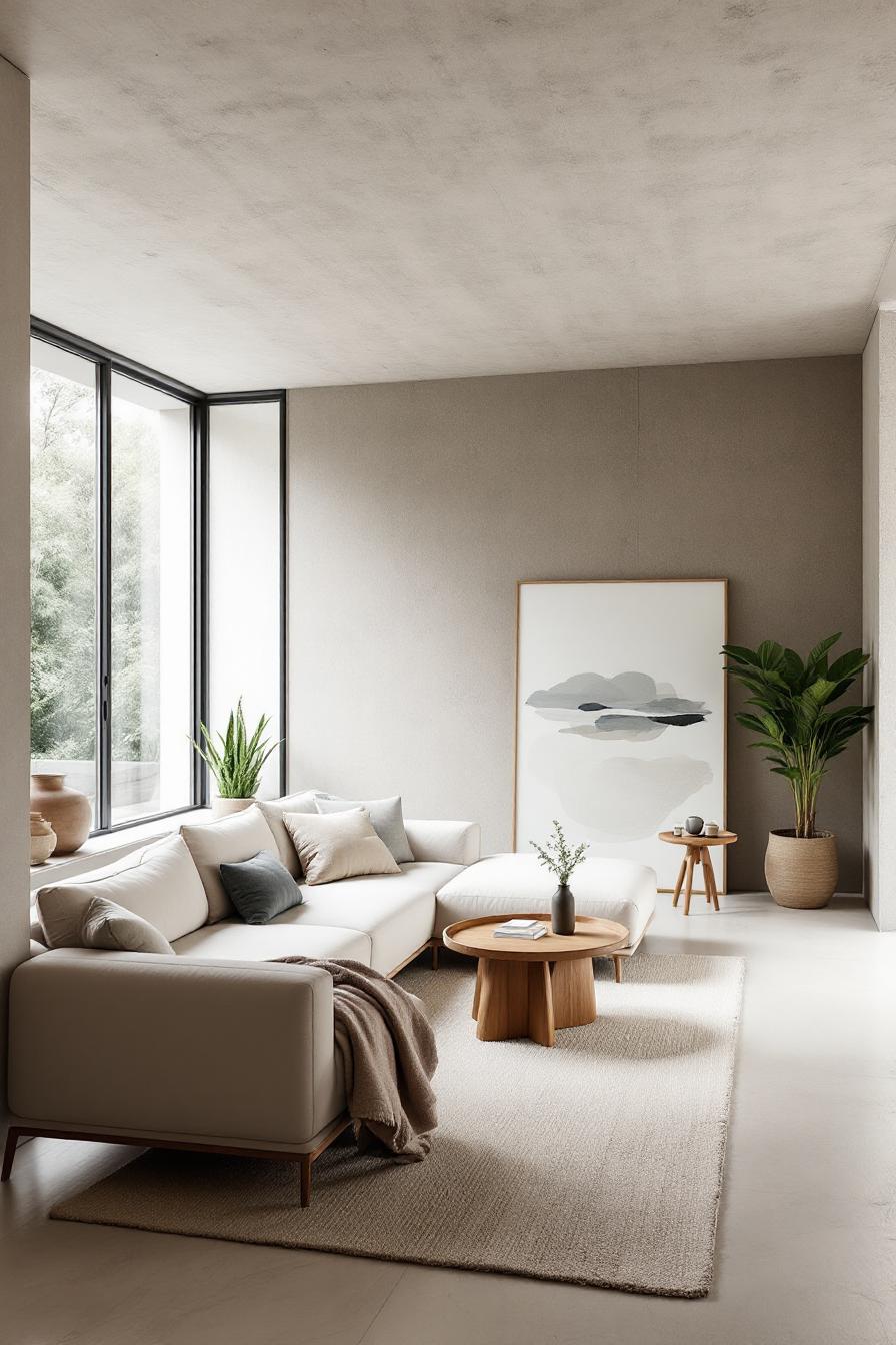 Minimalist living room with neutral tones and cozy accents