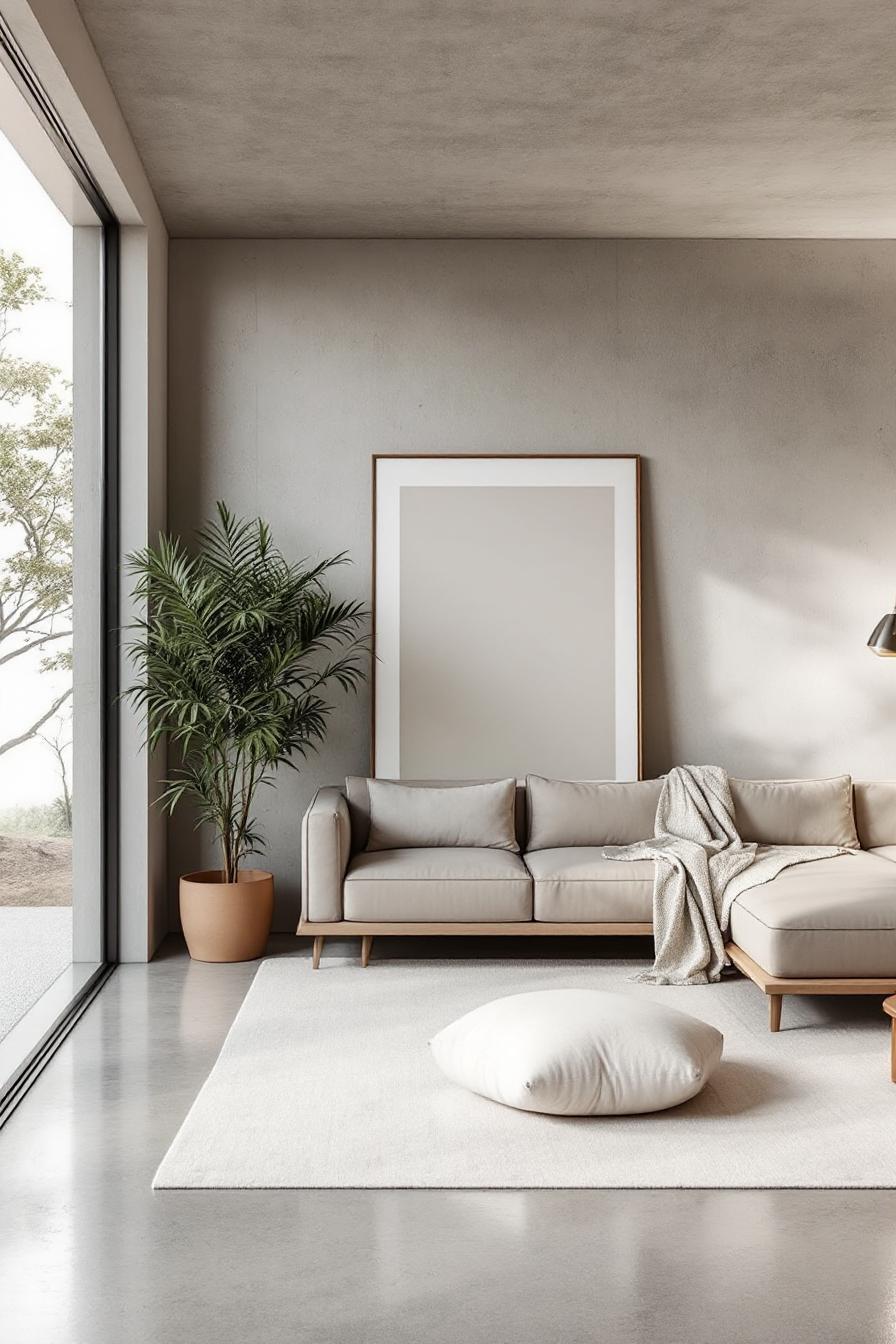 Minimalist living room with a large window, neutral tones, and a cozy sofa