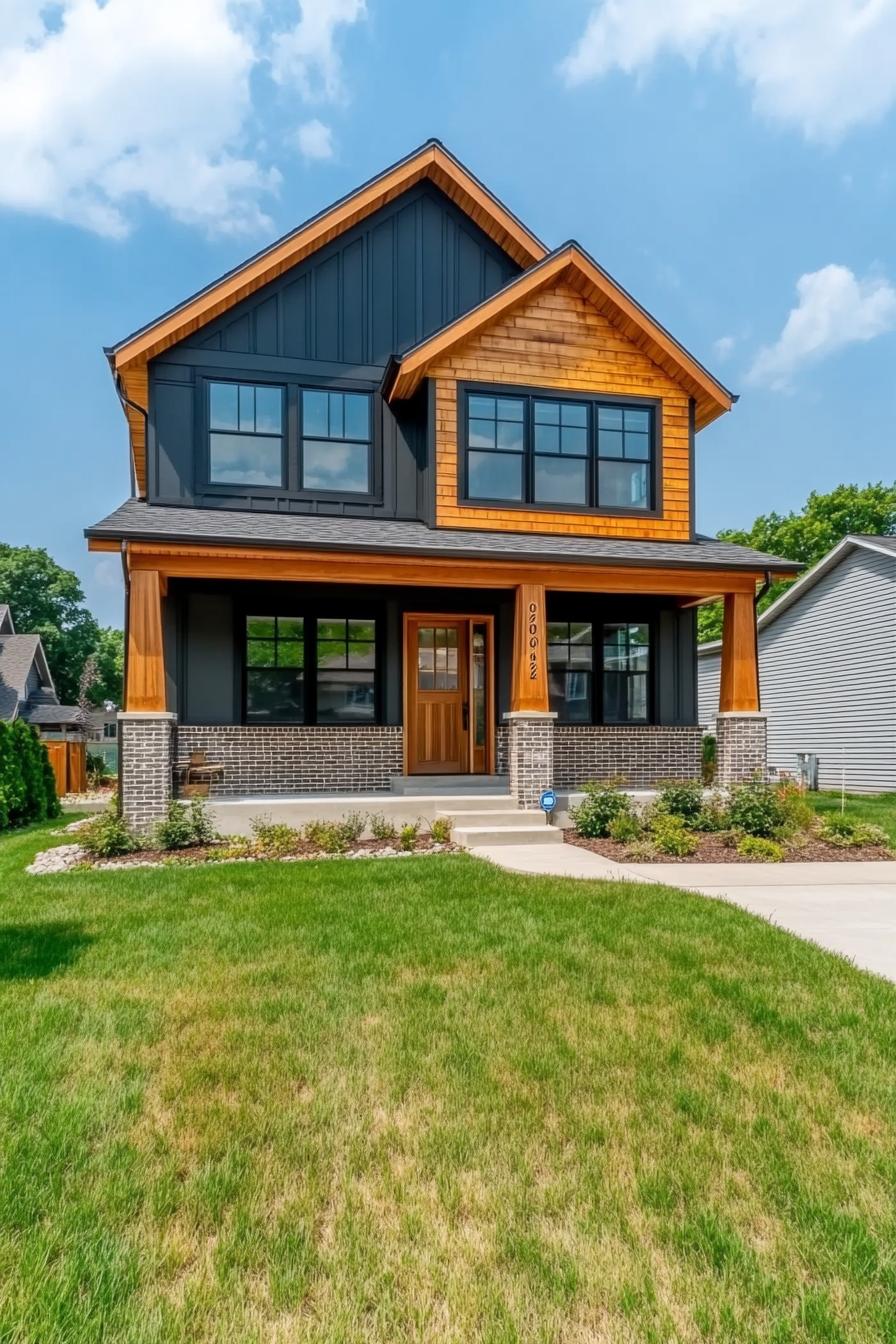 A modern craftsman house rectangular two story facade with prominent gabled front sections of vertical board and batten siding sections of 2