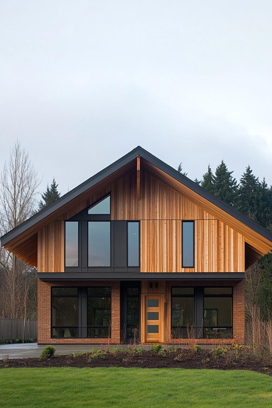 Modern craftsman house with wooden accents and a pitched roof