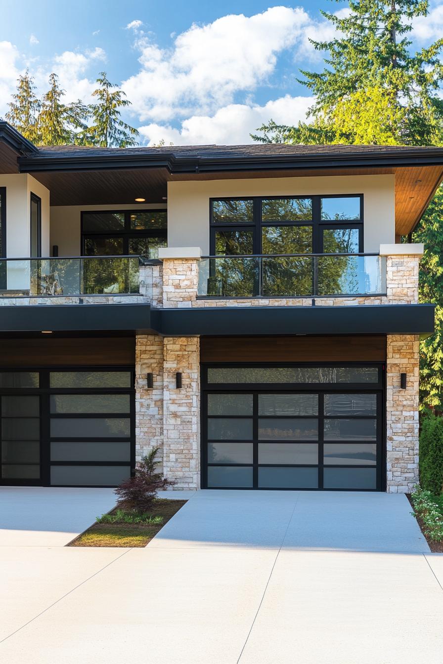 Modern duplex with stone facade and glass railings