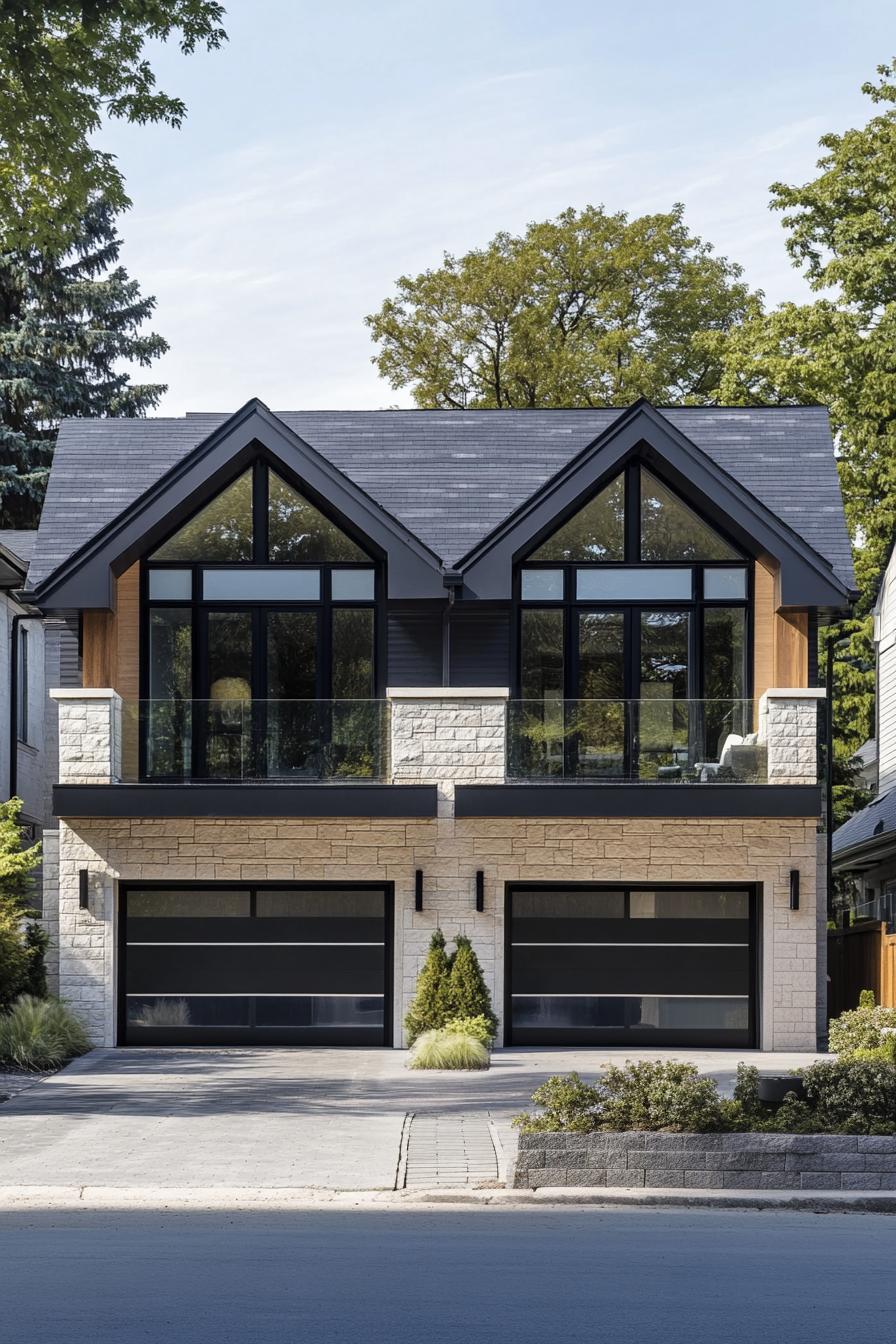 Modern duplex with two gable roofs and large glass windows