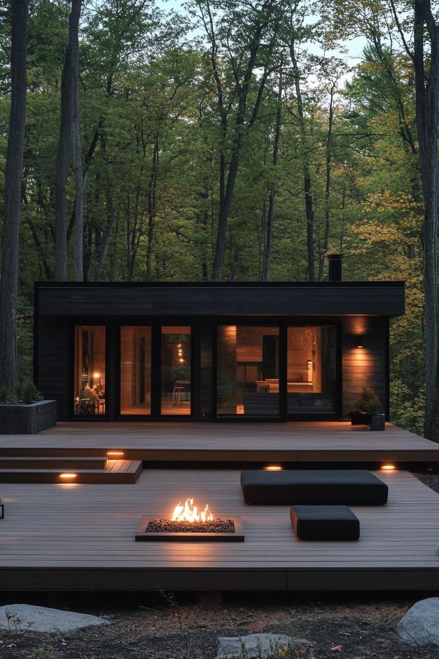 Modern cabin with cozy fire pit and glass doors