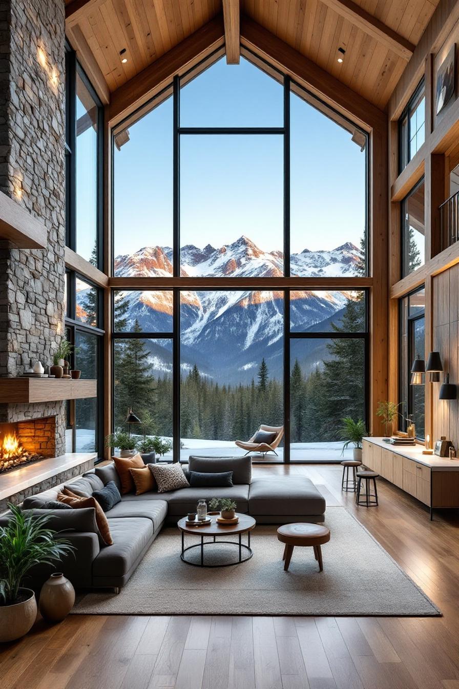 Modern cabin interior with floor-to-ceiling windows and mountain view