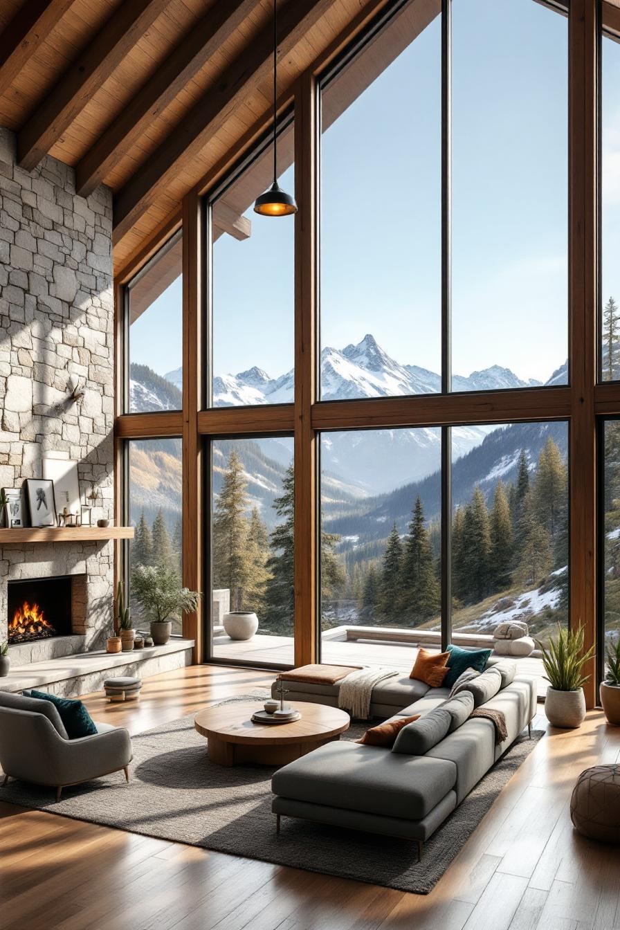 Spacious cabin interior with large windows and mountain views