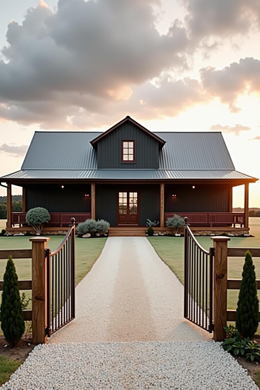 Charming ranch house with a gravel path and dramatic sky