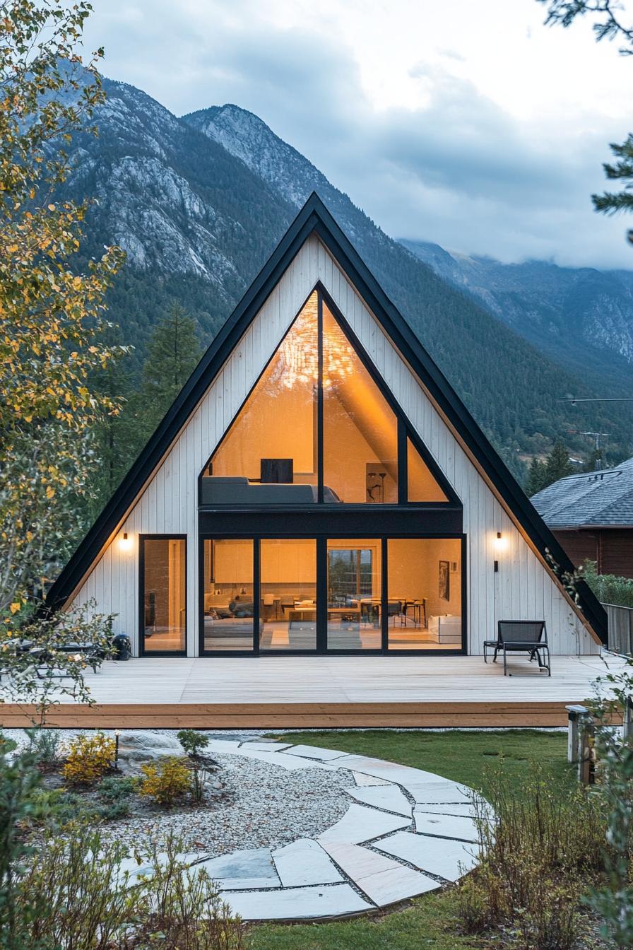 A-Frame house with mountain backdrop and glowing windows